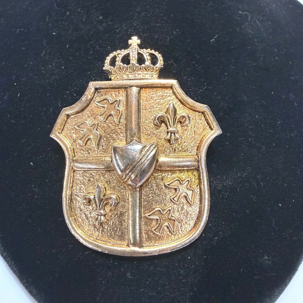 Vintage Gold Tone Heraldic Crest Brooch Crown Fleur-de-lis Shield Pin Statement